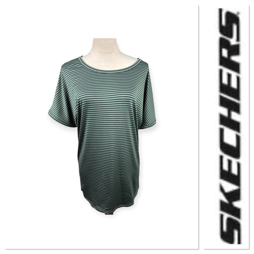 Skechers green and black striped short sleeved top size large
